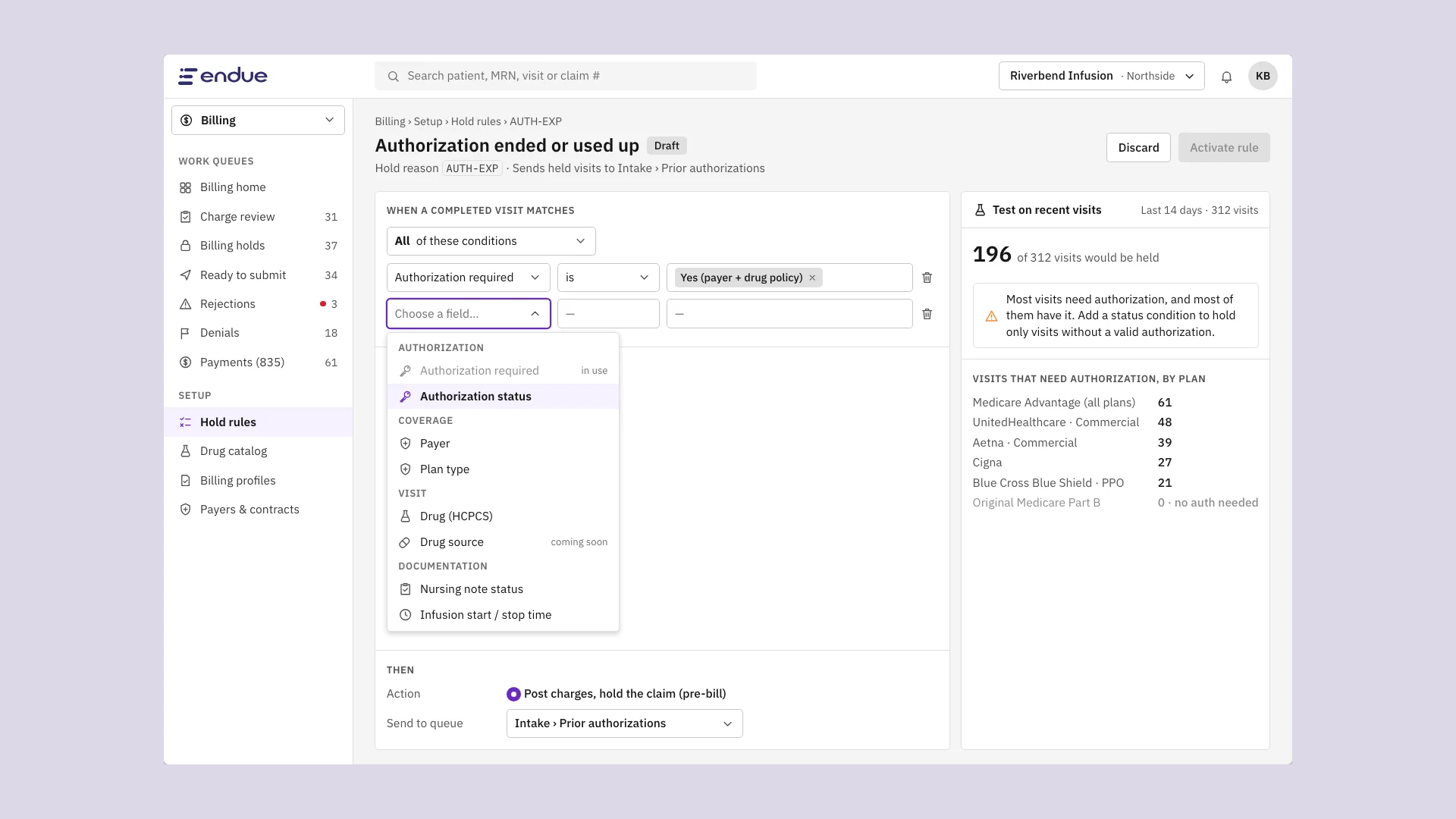 Endue - hold rule editor for infusion billing