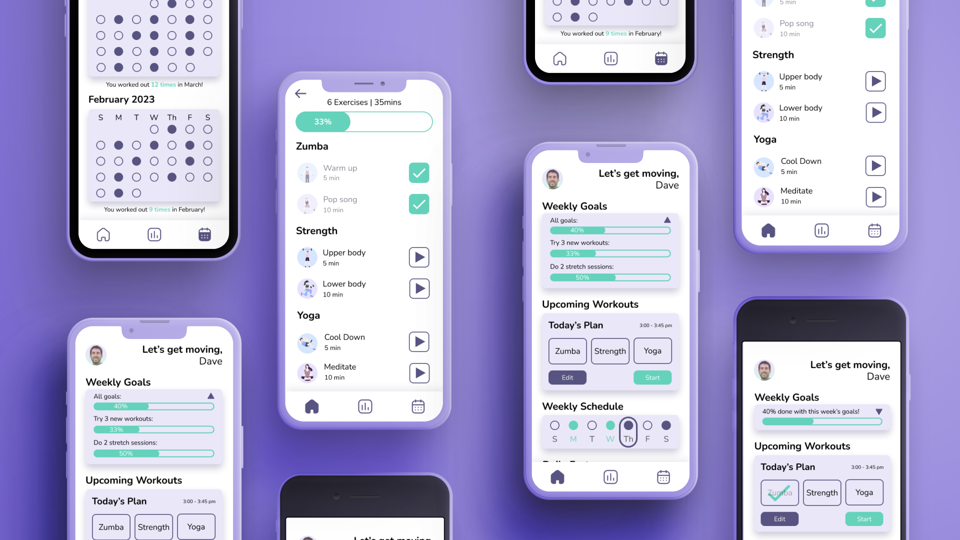 FitMe - Fitness App showing workout screens and weekly goals