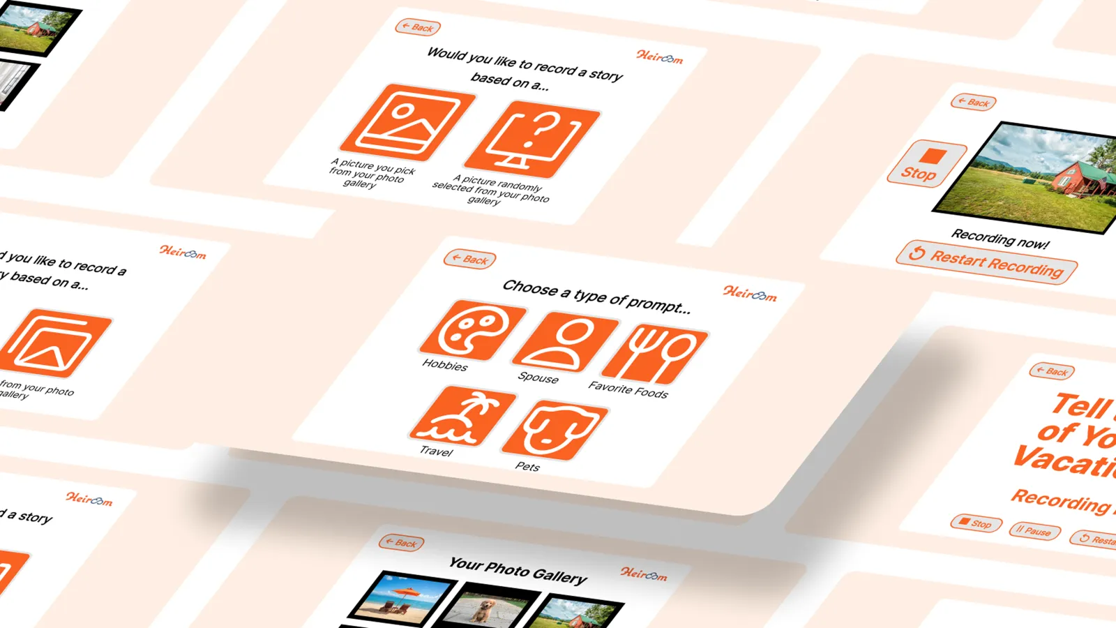 Heiroom - Memory Recording Platform showing multiple app screens
