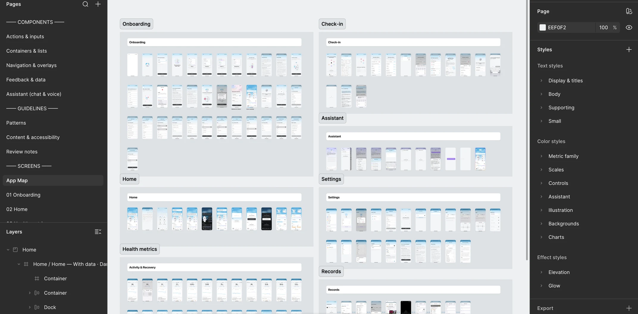 Venera's Figma file: design system pages for components and guidelines, and the app map with onboarding, home, check-in, assistant, health metrics, settings and records screens