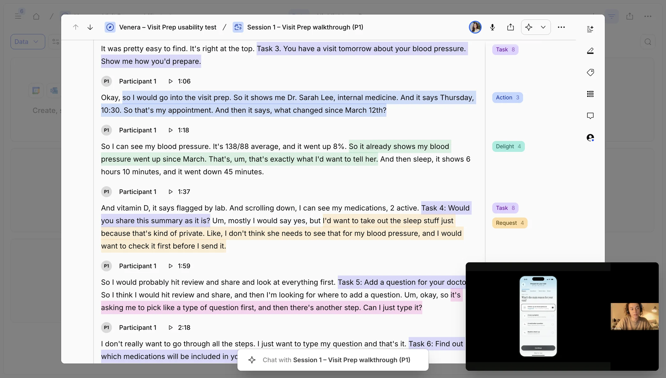 Usability test session for Visit Prep: a tagged transcript of Participant 1 next to the screen recording and webcam